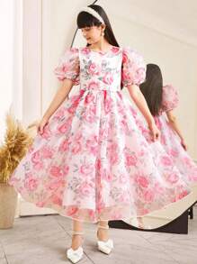 Tween Girl 蝴蝶结后背欧根纱花卉印花泡泡袖连衣裙 - 粉色 - 查看 5