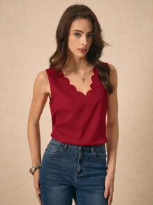 SHEIN Frenchy Solid Scallop Trim Sleeveless Top, Summer Top, Elegant Style Christmas New Year Red Burgundy - Burgundy - View 5