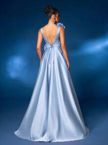 Glamrae Elegant & Luxurious V-Neck 3D Floral Decor High Slit A-Line Maxi Dress With Train, Formal Evening Gown, Wedding Guest Dress, Party Dress - Baby Blue - View 3