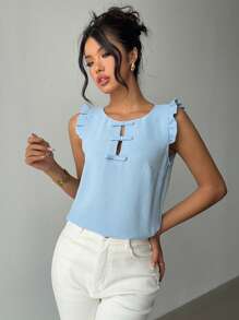 Chiquease Women Casual Solid Color Round Neck Cap Sleeve Bow Blouse, Spring/Summer