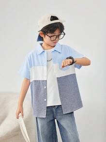 SHEIN 少年男孩鬆身休閒拼色短袖鈕扣領襯衫 - 藍色 - 查看 2