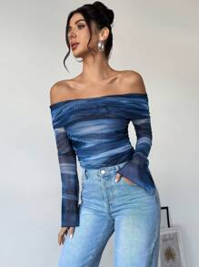 SHEIN Privé 女士新款扎染花卉露肩长袖紧身衣，休闲日常穿着图案 T 恤紧身衣，适合春秋季节，通勤/优雅/性感/度假/海滩/浪漫/约会/情人节/音乐节/表演/返校 - 彩色 - 查看 5