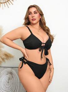Swim Lushoire Plus Size Adjustable Strap Gathering Bikini Set For Casual Vacation For Summer - Black - View 4