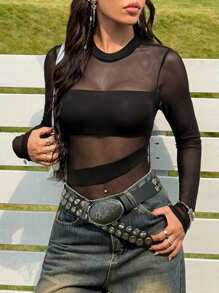 Comfortcana Women's Fashion Sexy Sheer Mesh Patchwork Bodysuit - Black - View 6