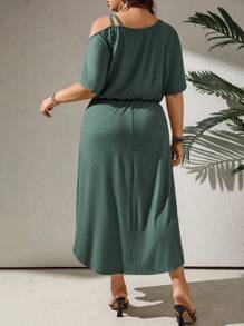 SHEIN LUNE Abito a maglia donna taglie forti, collo asimmetrico, vita segnata, design asimmetrico, verde - Verde - Visualizzare 2
