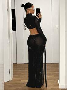 SHEIN ICON Turtleneck Sexy Cutout Layer High Slit Sheer Mesh Panel Dress - Black - View 2