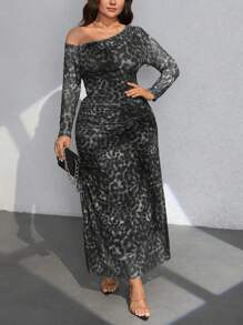 Celure Plus Size Fashion Leopard Print Asymmetrical Collar Side Slit Dress - Grey - View 6