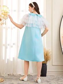 2pcs/Set Teen Girl Tiered Mesh Shawl Collar Beaded Sleeveless Satin Dress