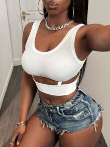 BamGleam Fashionable Sexy Solid Color Hollow Out Cropped Tank Top - White - View 7