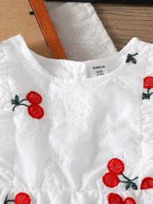 新生女婴宽松优雅樱桃刺绣针织连衣裙，春夏秋季节，优质樱桃刺绣面料，时尚舒适，适合休闲穿着 - 白色 - 查看 5