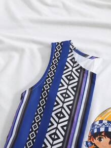 3pcs/Set Young Boy Abya Moon Lantern Retro Print T-Shirt, Totem Retro Print Vest, And Pants Set. This Culturally Meaningful 3-Piece Set Is Great For Celebration, Family Gatherings, Festivals, Or Everyday Wear, Showcasing The Vitality And Personalized Of Young Boys. - Blue - View 8