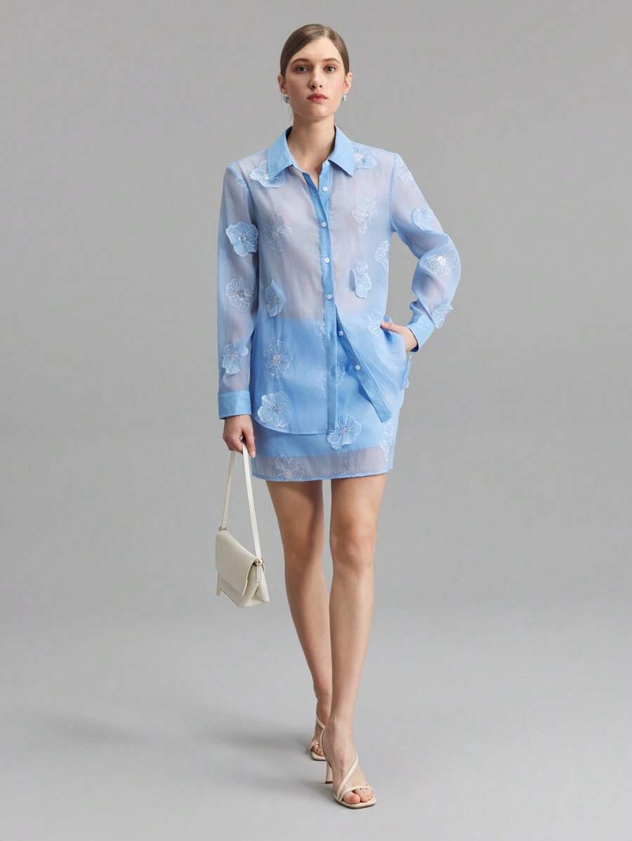 Ontre 2025 New Arrivals Vacation Style Light Blue 3D Flower Women's Skirt, All-Match Fashionable & Versatile Coordinating