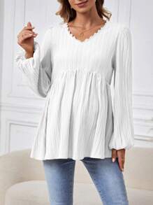 SHEIN Maternity Solid Color Contrast Lace V-Neck Long Sleeve Casual Ruffle Hem Blouse