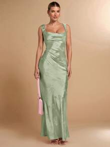 SHEIN BAE Spring & Summer Solid Color Sleeveless Sexy Open Back Bow Decor Jacquard Texture Maxi Slip Dress, Suitable For Valentine's Day, Party, Romantic Date, Bridesmaid, Ball, Work, Birthday, Pink Dress,Backless Dress - Mint Green - View 6
