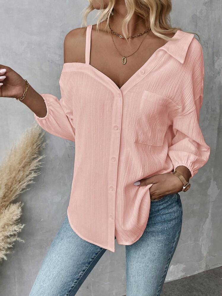 SHEIN Essnce Áo cánh rộng rãi, cổ trễ bất đối xứng, màu trơn, giản dị, mùa xuân/thu cho nữ, thời trang mới, phong cách đường phố, áo sơ mi vai bất đối xứng, dáng rộng - Màu Hồng baby - Xem 4