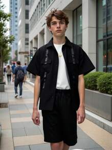 2pcs/Set Male Teenager Casual Minimalist Style Utility Shirt And Shorts, Suitable For Spring/Summer Daily Wear - Black - View 1