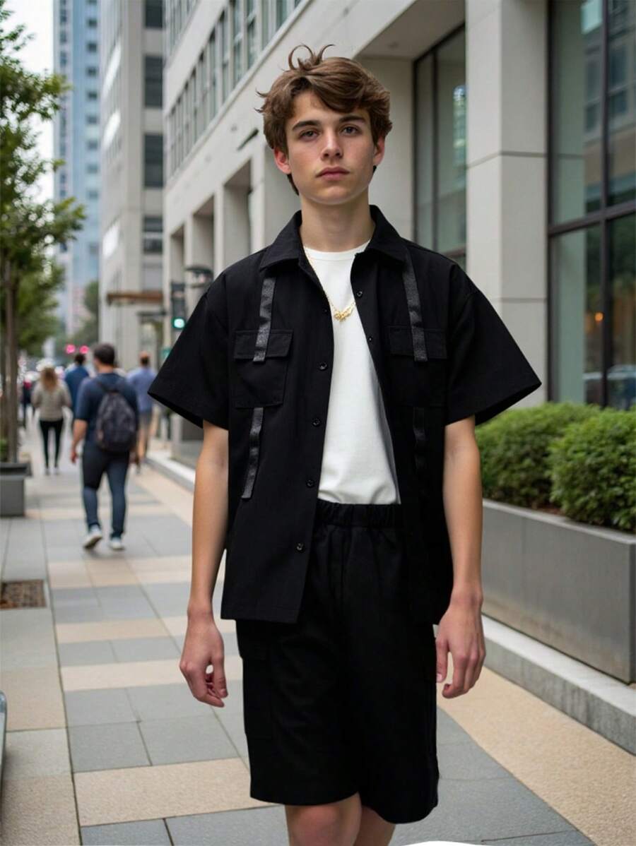 2pcs/Set Male Teenager Casual Minimalist Style Utility Shirt And Shorts, Suitable For Spring/Summer Daily Wear - Black - View 1