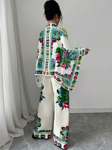 Elenzga 2 件女式花卉印花蝙蝠袖衬衫和裤子套装