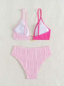 SHEIN Beach Summer Outfits For Women, New Design Two Pieces Color Block Bikini, Sexy Camisole Striped Swimwear, With Faux Belt Decor High Waist Swim Shorts, Split Style Beach Holiday Swimwear - Multicolor - View 6