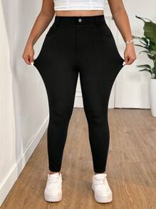 SHEIN PETITE CURVE 加大码纯色高腰裤，适合日常穿着