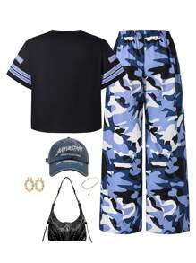 SHEIN Sparklyn 2 件套青少年女孩黑色字母图案 V 领运动短款上衣和粉色宽松迷彩阔腿裤，街头时尚百搭服装，也适合作为情人节礼物 - 彩色 - 查看 2