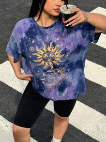 Muchica Áo thun cổ tròn tay ngắn in hình mặt trời nhuộm loang cỡ lớn cho nữ - Màu tím - Xem 5
