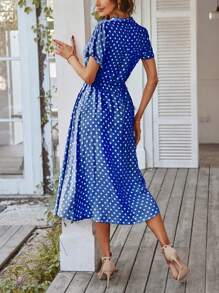 Breezaya Polka Dot Drawstring Button Front Dress Maxi Vacation Beach Outfits Women - Blue - View 2