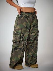 SHEIN ICON Plus Size Women's Casual Cargo Pants, Loose Fit Camo Print Trousers Summer Western Cowboy Style - Multicolor - View 6