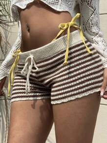 SHEIN Unity Women's Casual Slouchy Retro Waist Tie Striped Knitted Shorts - Multicolor - View 3