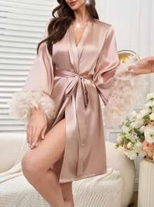 Elegant Gold Embroidered Feather Design Women's Kimono Robe - Coral Pink - View 6