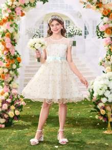 Tween Girls Elegant Embroidered 3D Flower Mesh Bell Sleeve Dress With Belt, Suitable For Spring And Summer,Holiday,Summer,Travel - Apricot - View 1