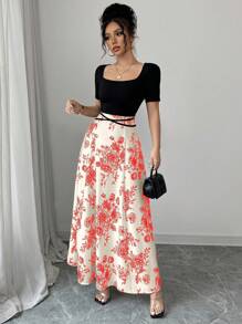 Rafferiza Vestido mini elegante y entallado con estilo qipao para mujeres, cuello cuadrado, manga corta, lazo en la cintura, estampado chino - Albaricoque - Ver 5