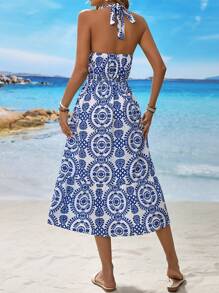 Breezaya Women's Vacation Plant Print Casual Halter Midi Dress