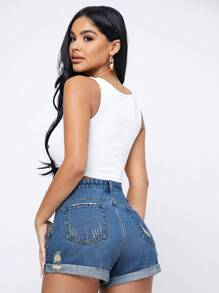 SHEIN Essnce Relaxed Washed Fray Hem Distressed Denim Shorts - Medium Wash - View 2