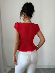 Elenzga Lente & Zomer Vakantie Bohemian Puff Mouw Vierkante Hals Getailleerde A-lijn Gebreide Riem Dames Blouse