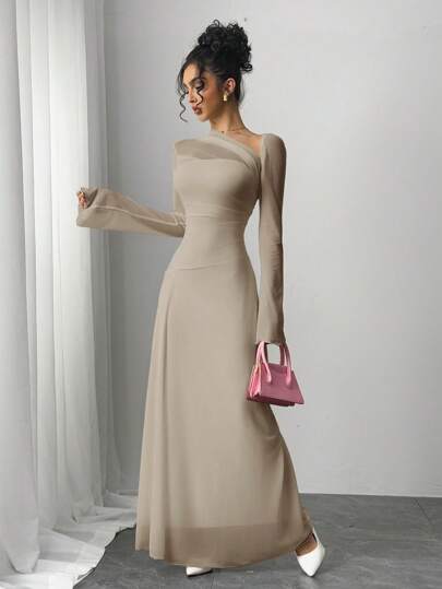 Siren Gaze Women's Solid Color Contrast Mesh Asymmetric Neck Long Sleeve Elegant Dress, Spring/Autumn Classy Dresses For Women Dresses For Women Elegant Women Formal Elegant Dresses For Women Women Formal Elegant Outfits For Women Luxury Dress For Women,Bohemia Winter Party