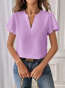 SHEIN Essnce 女士休闲 V 领短袖衬衫 - 淡紫色 - 查看 5