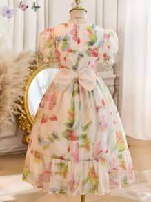 Tween Girls Princess-Style Flared Puff Sleeve Convolvulus Flower Print Organza Dress, Spring/Summer,Holiday Summer Travel - Multicolor - View 2