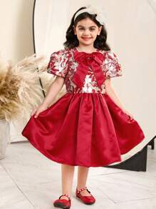 Conjunto de 2 piezas para niña: blusa con mangas abombadas y moño grande en estilo jacquard tejido y falda tejida, para uso en primavera/verano, estilo de fiesta para Ramadán - Rojo - Ver 1