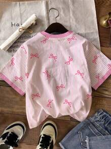 SHEIN Cute Striped Bow Print, Pink, Tween Girls Casual Minimalist Short Sleeve Crew Neck T-Shirt, Suitable For Summer