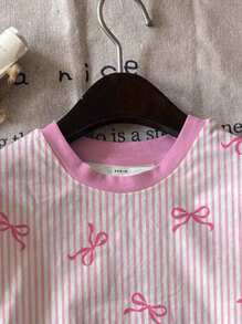 SHEIN Cute Striped Bow Print, Pink, Tween Girls Casual Minimalist Short Sleeve Crew Neck T-Shirt, Suitable For Summer