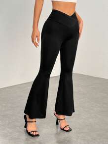 SHEIN PETITE Simple Solid Color Wrap High Elastic Knitted High Waist Flared Pants Pure Black Two-Piece - Black - View 5
