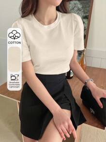 DAZY Camiseta de manga abullonada de cuello redondo de un solo color, Top corto para mujeres