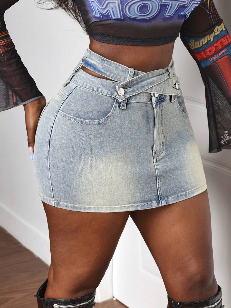 Slaydiva 女士腰部交叉口袋紧身性感牛仔短裙 - 藍色 - 查看 1