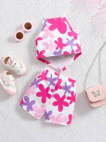 SHEIN Conjunto de top de punto con tirantes y shorts con estampado floral para bebé niña en verano - Multicolor - Ver 2