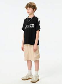 SHEIN Explorewe 青少年男孩标语印花圆领短袖休闲 T 恤 - 黑色 - 查看 4