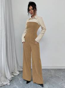 Chiquease 休闲百搭通勤连体裤，纽扣衬衫款式，开叉腰部撞色条纹细节，秋冬款