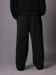 SUMWON 低裆慢跑运动裤优质羊毛街头运动裤，带刺绣标志弹性袖口，舒适休闲冬季运动服训练裤休闲都市风格 - 黑色 - 查看 5