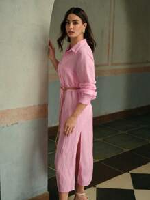 ZEYLAH Women's Pink Long Single-Breasted Slit Hem Casual Shirt Dress