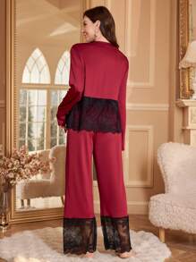 Lace Contrast Color Women Pajama Set With Long Sleeve Top And Pants - Red - View 2
